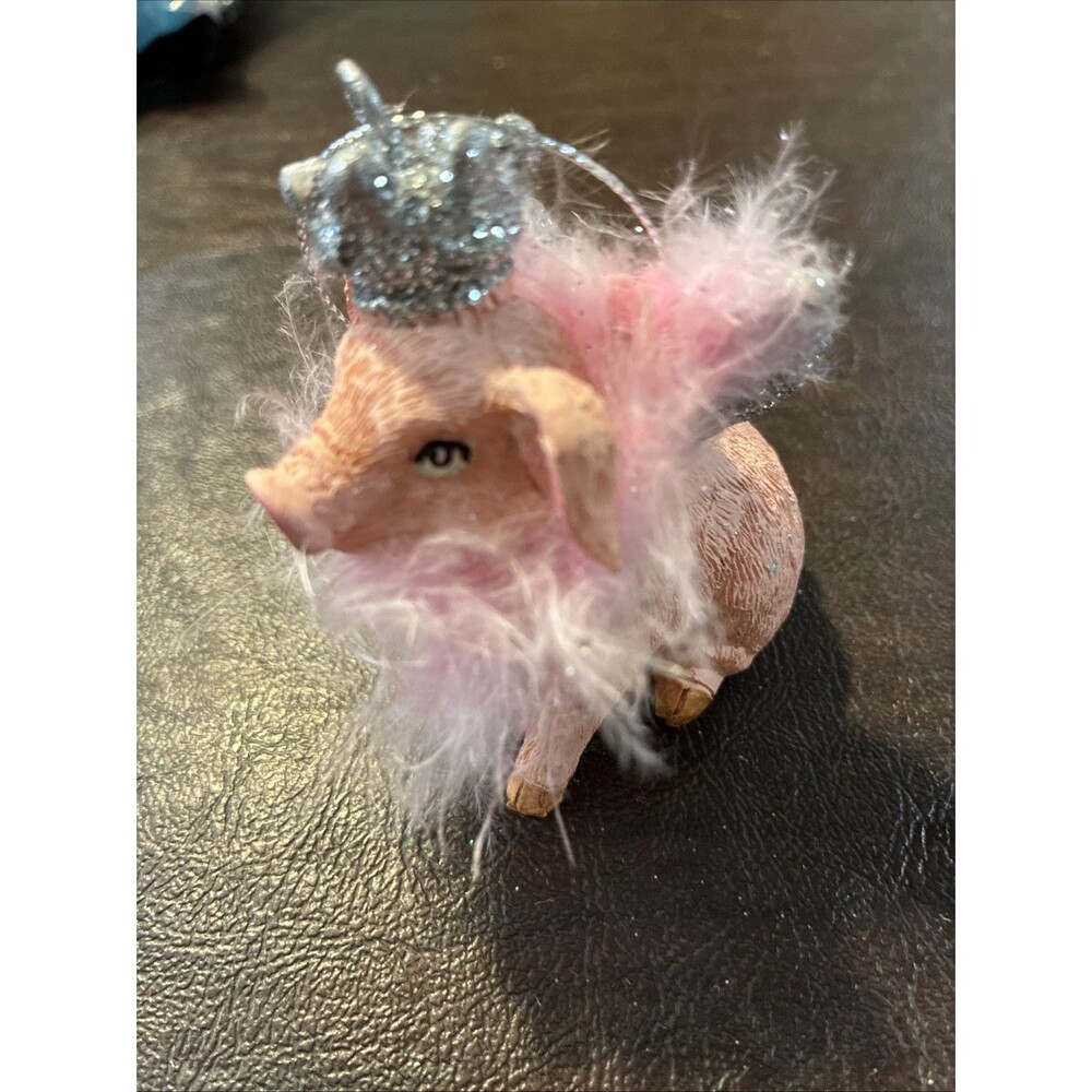 Pink Pig Crown Wing Feathers Glitter Christmas Ornament 3.5"